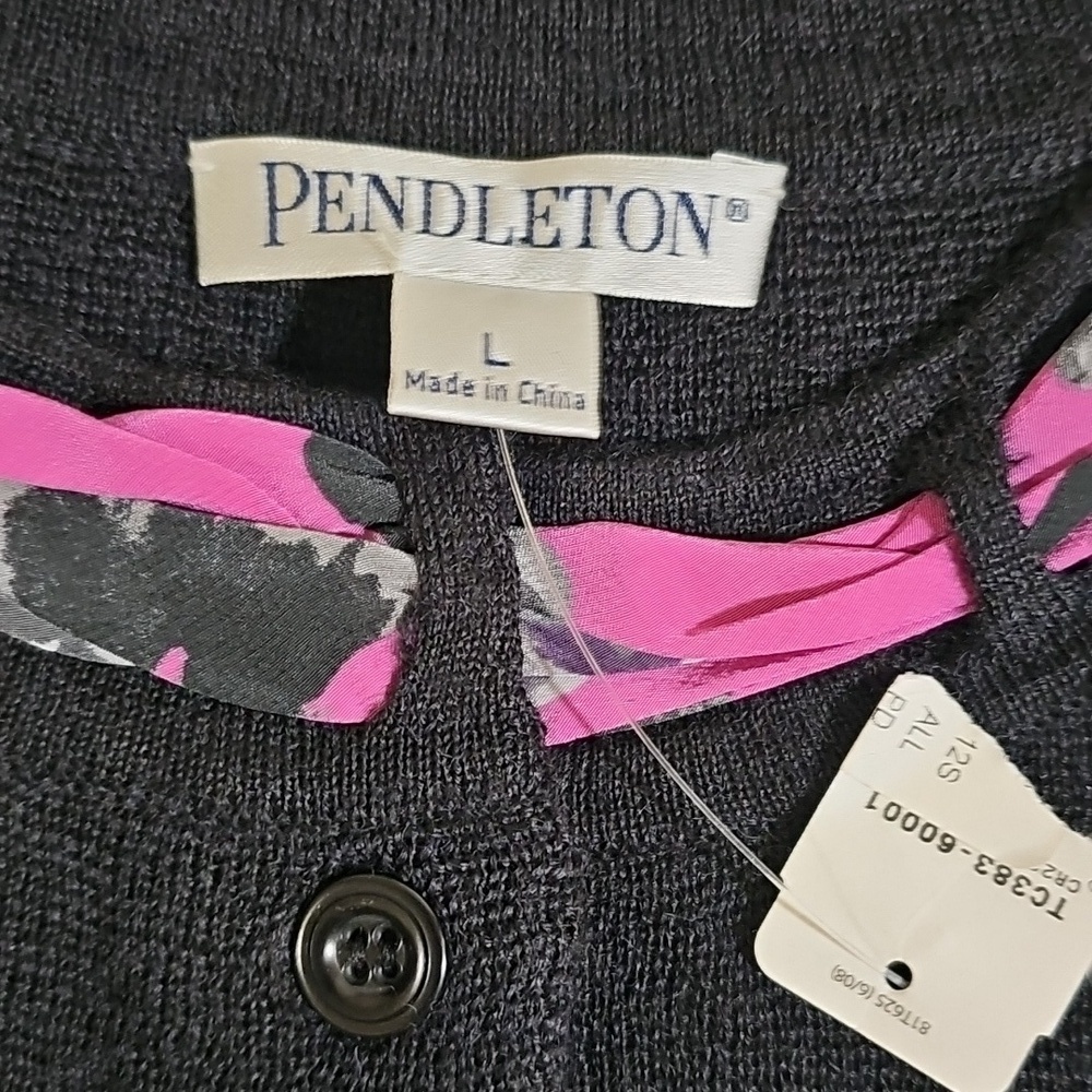 Pendleton Merino Wool Blend Cardigan Black Pink Silk Trim NWT Size L - Picture 7 of 8